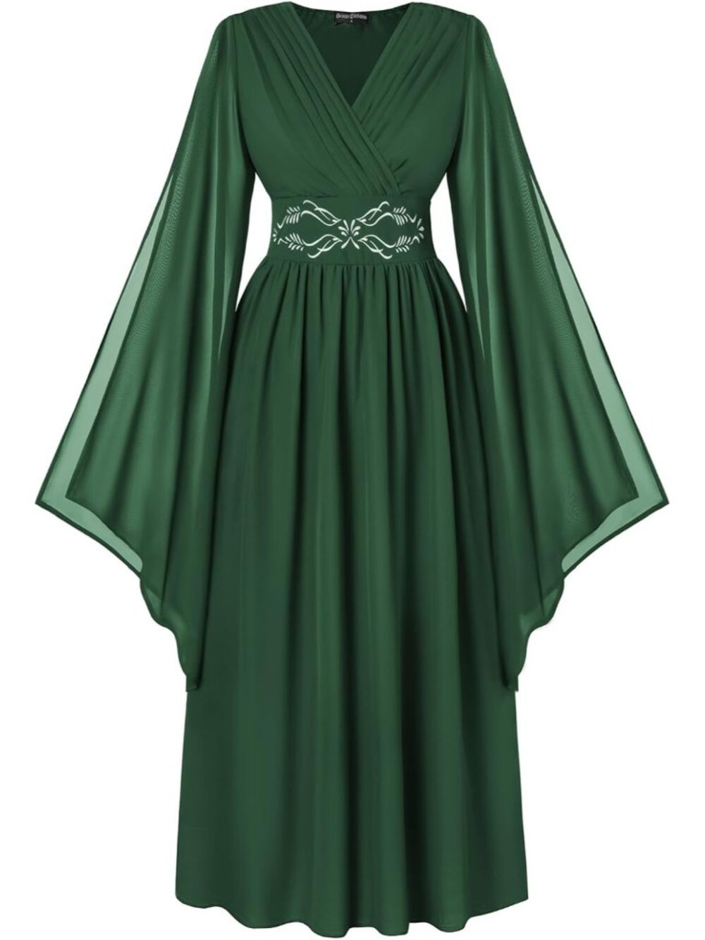Women's Dark Green Bell Sleeve Wrap V Neck Embroidery Imported Costume Dress